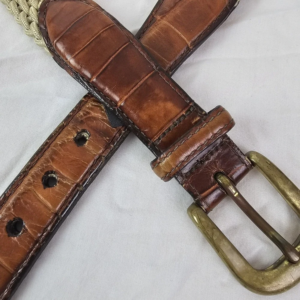 Brighton 33502 Belt Size 40 Woven Stretch Brown Leather Croc Trim Brass Buckle